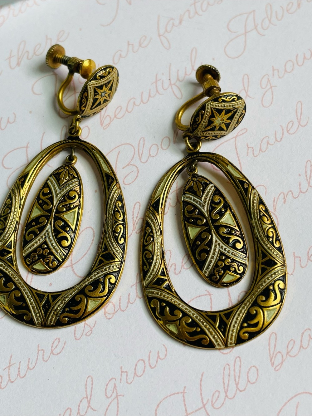 Vintage Damascene Toledo Spain Gold Filigree Drop Screw back Earrings 2"
